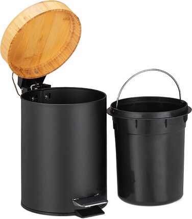 Relaxdays Mülleimer Bad, 3 l, Kosmetikeimer mit Absenkautomatik, Bambusdeckel, entnehmbarer Inneneimer, Treteimer, (Schwarz)