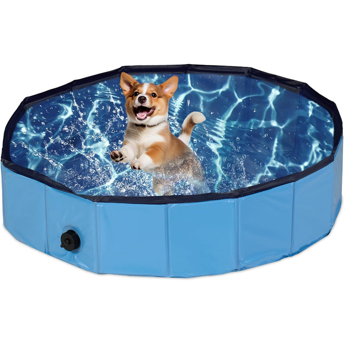 Relaxdays Hundepool, H x D: 20 x 80 cm, faltbar, mit Ablassventil, Hundeplanschbecken zur Abkühlung, PVC & MDF, blau