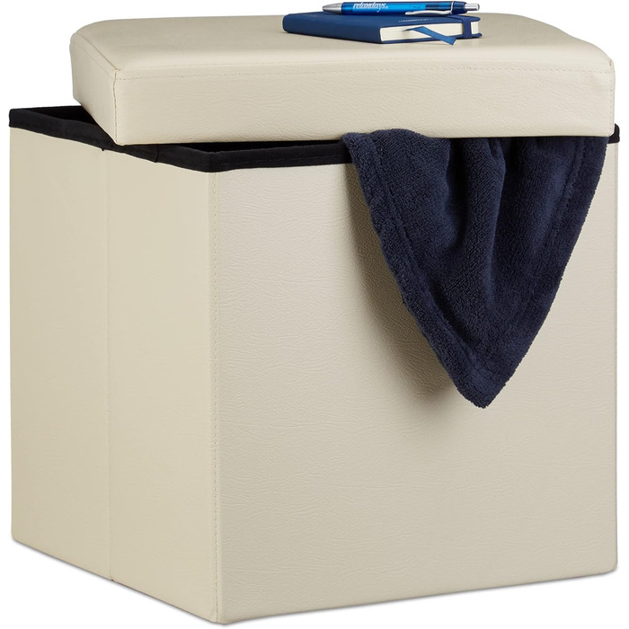 Relaxdays Sitzhocker, Leder, 38x38x38 cm, Creme