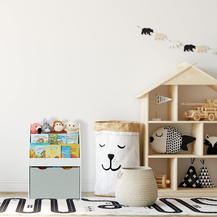 Relaxdays Kinderregal mit 3 Ablagefächern, Kiste mit Rollen, HBT: 70 x 50,5 x 28 cm, schmales Spielzeugregal, weiß/grau