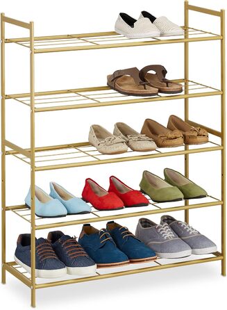 Relaxdays Schuhregal, Metall, 5 Ebenen, stapelbar, erweiterbar, HBT: 90x70x26cm, 15 Paar Schuhe, (Gold)
