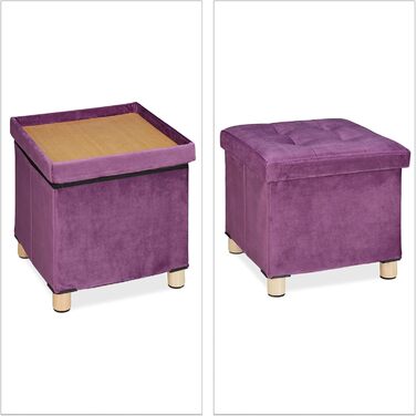 Relaxdays Samthocker mit Stauraum, Tablett im Deckel, Holzbeine, 35x38x38 cm, Mauve