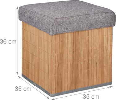 Relaxdays faltbarer Sitzhocker mit Stauraum, gepolstert, Bambus, 36x35x35 cm, Natur/Grau
