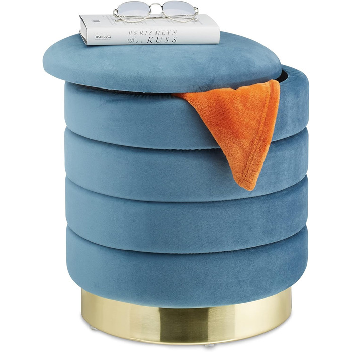 Relaxdays Samthocker mit Stauraum, rund, eleganter Polsterhocker, HxD: 43,5x39 cm, Petrol/Gold