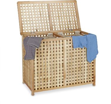 Relaxdays Wäschesammler Duo Walnuss, breite Wäschetruhe, 2 Wäschesäcke, Doppel Wäschebox HBT 68 x 88 x 46 cm, natur