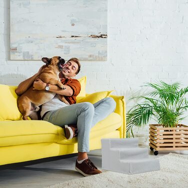 Relaxdays Hundetreppe 3 Stufen, kleine & große Hunde, Bett & Couch, Stoffbezug, Tiertreppe innen, HBT 30x35x45 cm, grau, 1 Stück Grau 1 Stück