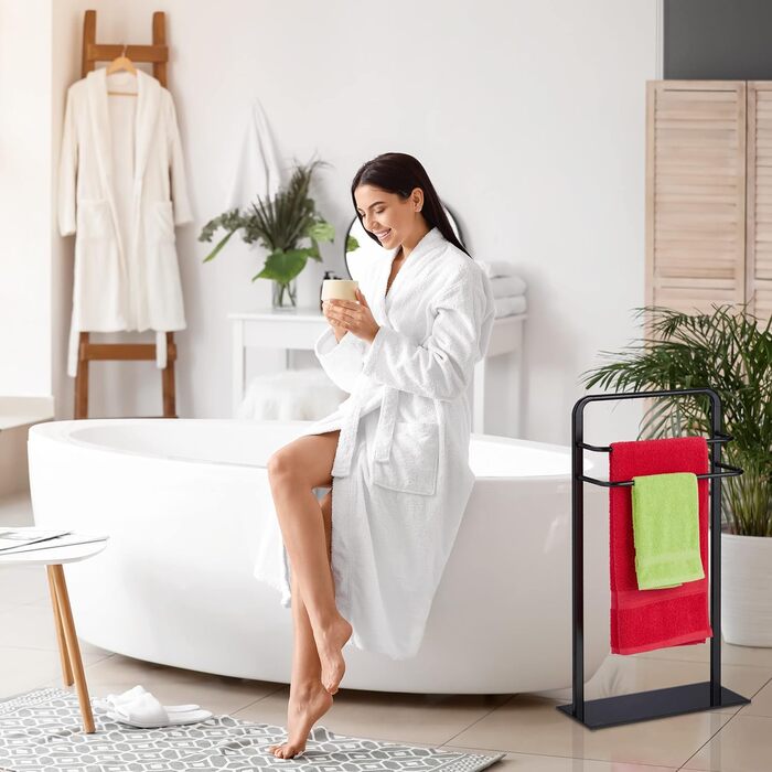 Relaxdays Handtuchständer, 3 Stangen, HBT: 79x45x20 cm, Badezimmer, Handtuchhalter, Stahl & Glas, schwarz