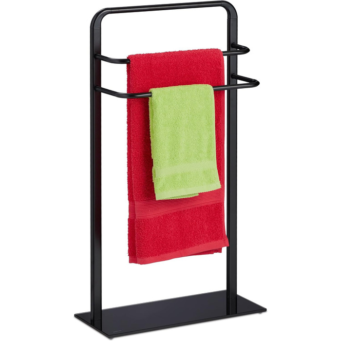 Relaxdays Handtuchständer, 3 Stangen, HBT: 79x45x20 cm, Badezimmer, Handtuchhalter, Stahl & Glas, schwarz