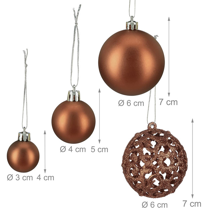 Relaxdays Weihnachtskugeln, 100er Set, Weihnachtsdeko, matt, glänzend, glitzernd, Christbaumkugel ∅ 3, 4 & 6 cm, (Braun)