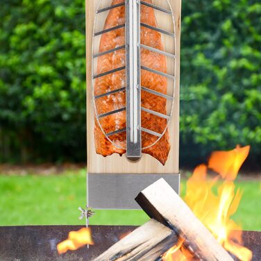 Relaxdays Flammlachsbretter, 2er Set, Zedernholz, neigbare Edelstahl Halterung, Räucherbrett HBT 57 x 20 x 5,5 cm, Natur