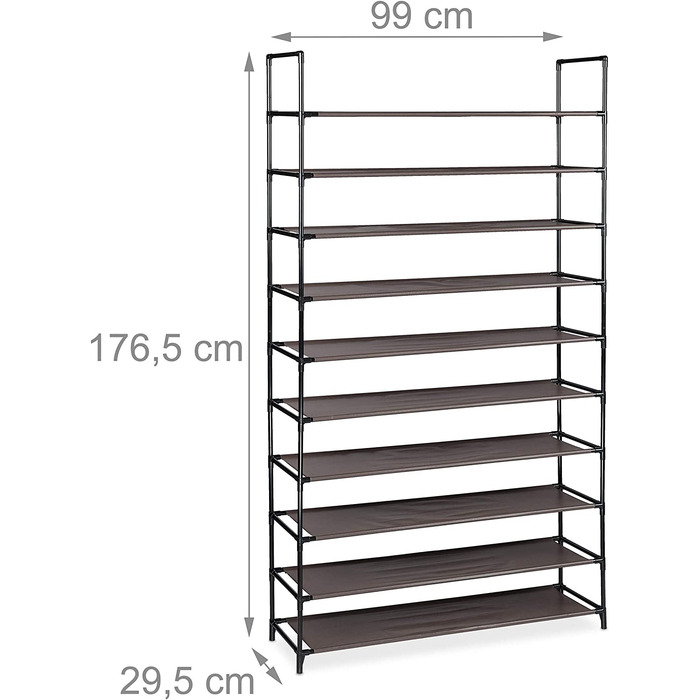 Relaxdays XXL Schuhregal Stecksystem, 10 Ebenen, für 50 Paar Schuhe, Stoff Schuhständer HBT 176,5x99x29,5 cm, braun