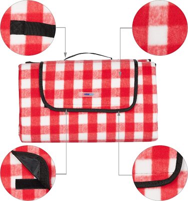 Relaxdays XXL Picknickdecke, 200 x 200 cm, Fleece Stranddecke, wärmeisoliert, wasserdicht, mit Tragegriff, rot/weiß