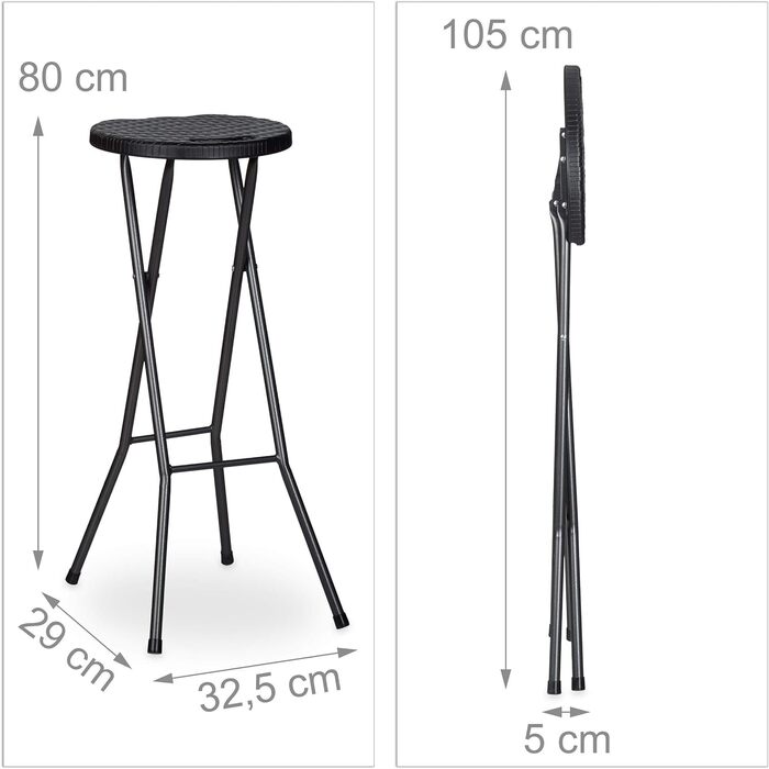 Relaxdays Barhocker klappbar BASTIAN 2er Set, wetterfest, 80 cm, Kunststoff, schwarz