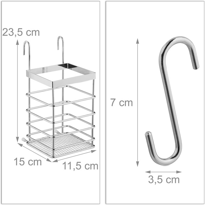 Relaxdays Küchenutensilienhalter Set, Edelstahl-Optik, Küchenrollenhalter, Abtropfgestell, Hängeleisten, 6 Haken, silber