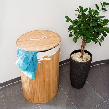 Relaxdays Wäschekorb Bambus, faltbar, Deckel, 70 l, Baumwoll-Wäschesack, rund Ø 41 cm, natur