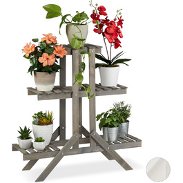 Relaxdays Blumentreppe aus Holz, 3 Stufen, 5 Ablagen, Shabby Chic, HBT: 83x83x28 cm, grau