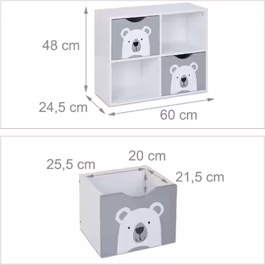 Relaxdays Kinderregal Bär, 2 Schubladen, 2 offene Fächer, H x B x T: 48 x 60 x 24,5 cm, Bücherregal Kinder, weiß/grau 48 x 60 x 24,5 cm Weiß/Grau