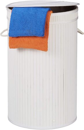 Relaxdays Wäschekorb Bambus, runder Wäschesammler mit Klappdeckel, 65 l, faltbare Wäschetonne, rund Ø 40 cm, (Weiß)