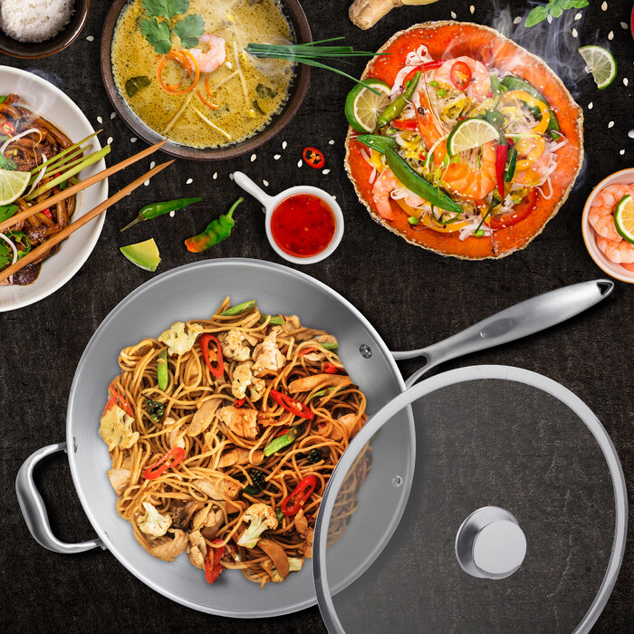 Relaxdays Edelstahl Wok mit Glasdeckel