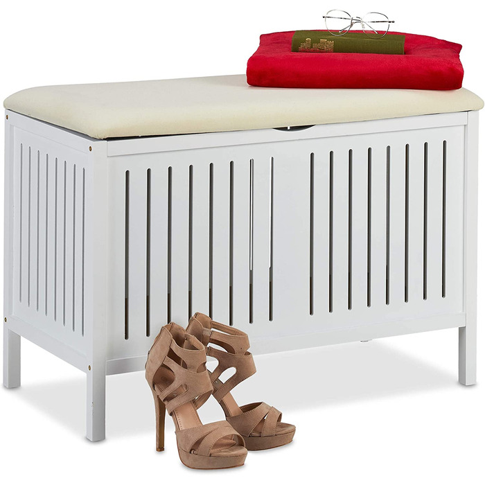 Relaxdays Sitzbank mit Stauraum, gepolstert, 80 l, Landhausstil, Holz, 56x78x39 cm, weiß