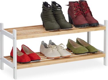 Relaxdays Schuhregal, Schuhablage mit 2 Ebenen, bis 6 Schuhpaare, Bambus & Birkenholz, HxBxT 33 x 70 x 26 cm, Natur/weiß