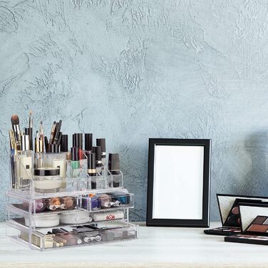 Relaxdays Make Up Organizer Acryl, 2-teilige Schminkaufbewahrung mit Lippenstifthalter und 4 Schubladen, transparent, 19 x 24 x 13.5 cm