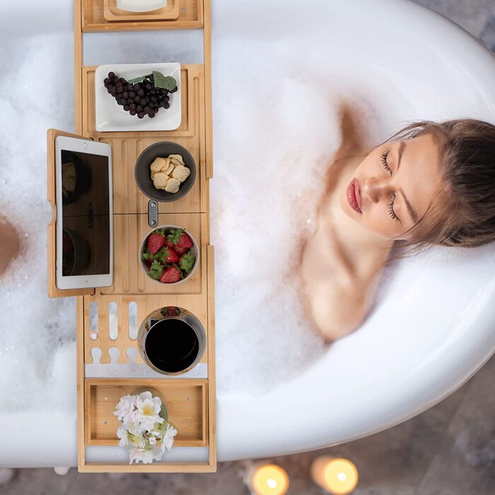 Relaxdays Badewannenablage Bambus, ausziehbar, Buch-, Utensilien- & Weinglashalter, Seifenschale, Badewannentisch, Natur, 1 S