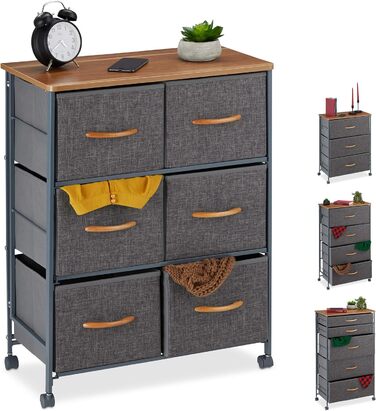 Relaxdays Roll-Schubladenschrank, 6 Stoffschubladen, Holzoptik, 74,5x58x30 cm, grau Design D