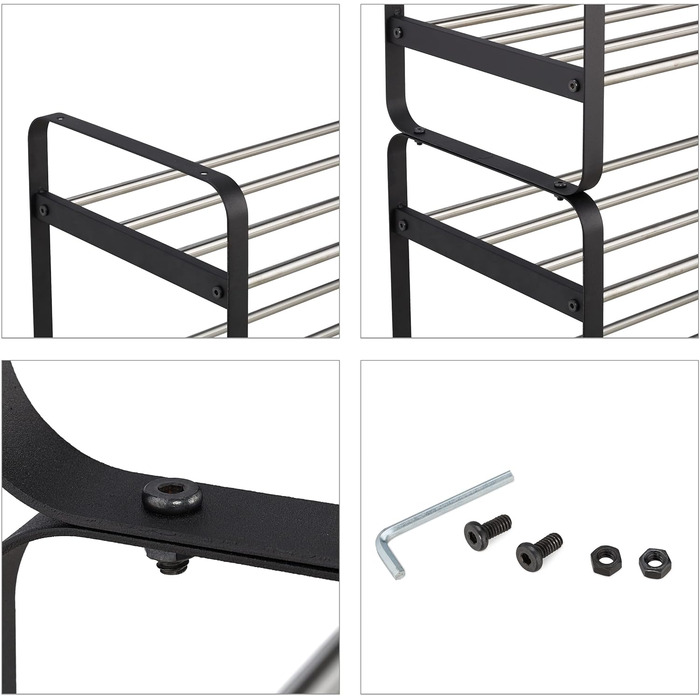 Relaxdays Schuhregal, Metall, 2 Ebenen, stapelbar, HBT 38 x 73,5 x 28 cm, bis zu 6 Paar Schuhe, offen, schwarz/silber