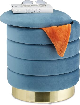 Relaxdays Samthocker mit Stauraum, rund, eleganter Polsterhocker, HxD: 43,5x39 cm, Petrol/Gold