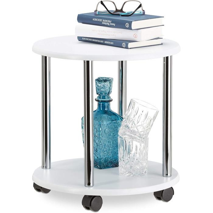 Relaxdays rollbarer Beistelltisch, Holz, 4 Rollen, 2 Ebenen, MDF, HBT: 41,5x40x40cm, weiß rund