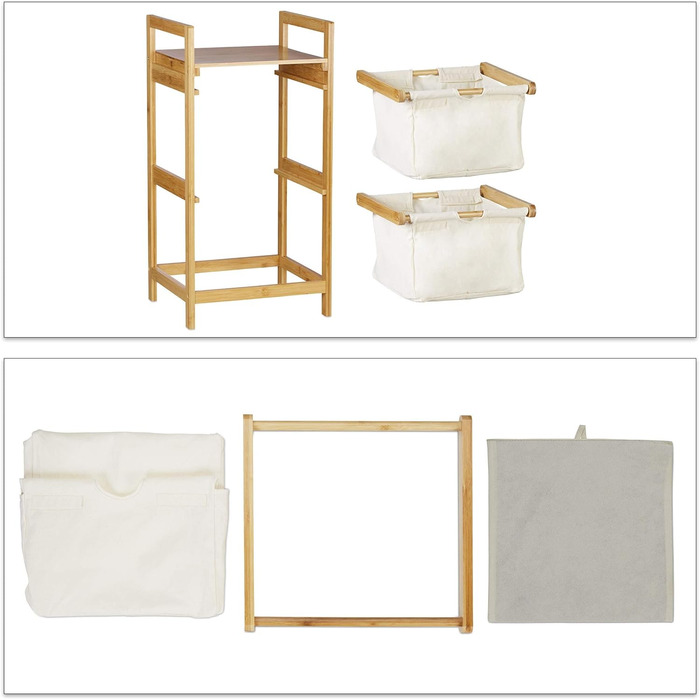 Relaxdays Wäschekorb Bambus, Wäschesortierer mit Ablage, 2 Schubladen, ausziehbar & tragbar, Wäschesammler 25 L, Natur, 1 Stück
