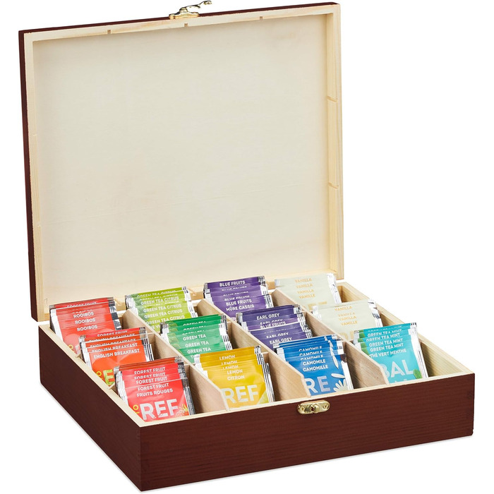 Relaxdays Teebox, 12 Fächer, Holz, Organizer, HBT: 7,5 x 29 x 26 cm, braun