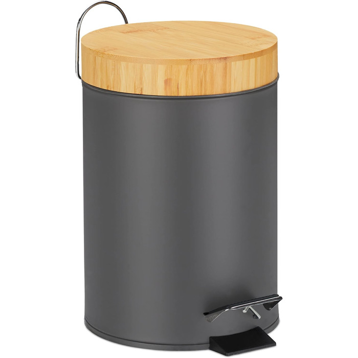 Relaxdays Mülleimer Bad, 3 l, Kosmetikeimer mit Absenkautomatik, Bambusdeckel, entnehmbarer Inneneimer, Treteimer, (Grau)