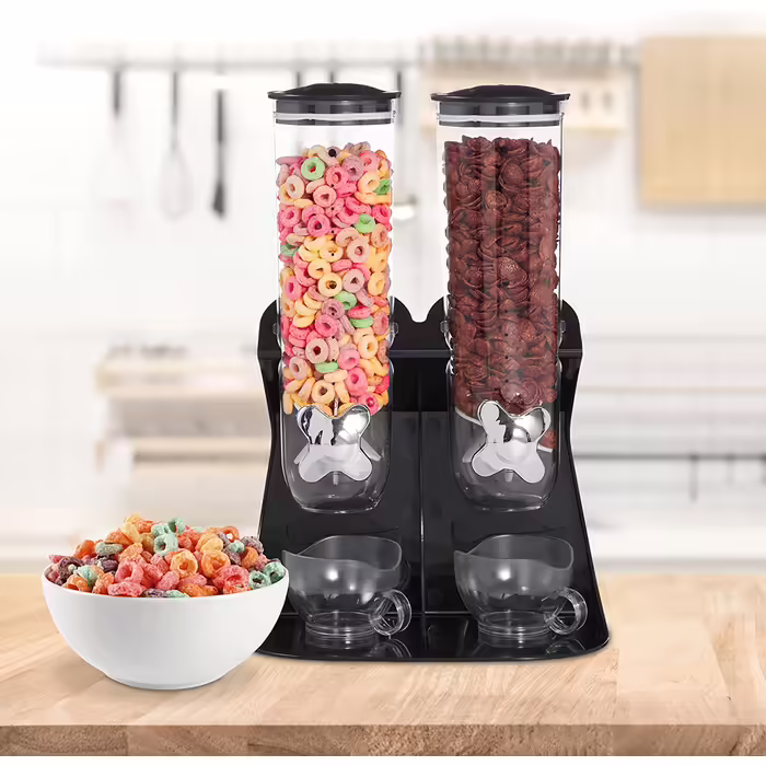 Relaxdays Müslispender doppelt, Cerealienspender für Müsli, Cornflakes, Süßigkeiten, Snackspender Kunststoff, schwarz