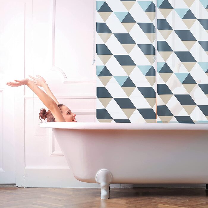 Relaxdays Duschrollo,  Dreieck Muster, Seilzug, Flexible Montage, Duschvorhang für Badewanne & Fenster, bunt (60x240 cm)