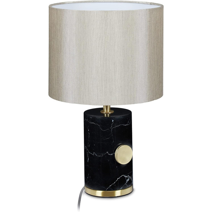 Relaxdays Tischlampe, Marmorfuß & Stoffschirm, E14-Fassung, dimmbare Nachttischlampe, H x D: 34,5 x 21 cm, schwarz/beige