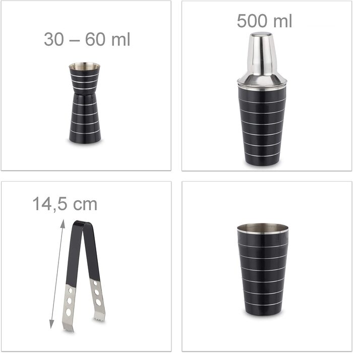 Relaxdays Cocktailset, 5-teilig: Shaker 500 ml, Eiseimer, Zange, Flaschenkühler, Barmaß, schwarz