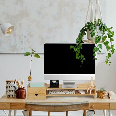 Relaxdays Monitorständer, Bambus, mit Schublade & 5 Fächern, 13x70x19 cm, Natur
