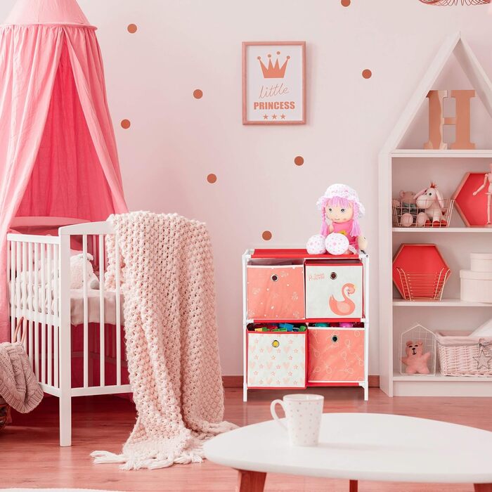 Relaxdays Kinderregal mit 4 Boxen, Spielzeug, Mädchen, Schwan-Design, Regal Kinderzimmer, HBT: 62 x 53 x 30 cm, weiß/rot
