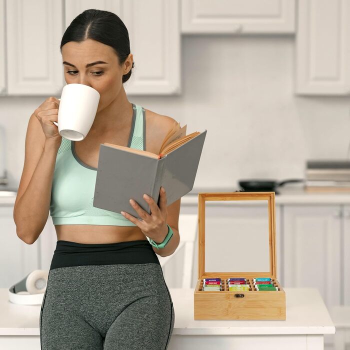Relaxdays Teebox, 12 Fächer, Bambus, 9,5x26,5x28,5 cm, Tee & Kaffeepads, Deckel, Natur