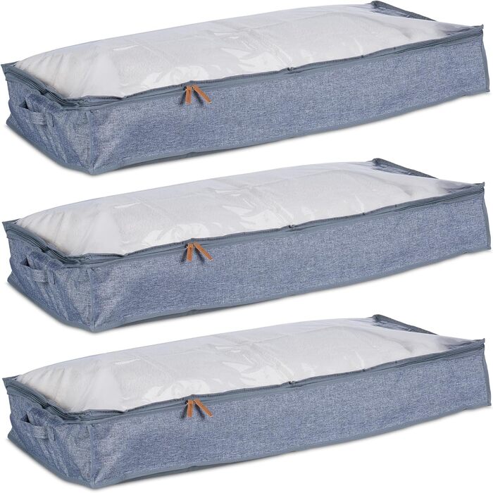 Relaxdays Unterbettkommode, 3er Set, Stoff, HxBxT: 14x100x45 cm, mit Sichtfenster, Unterbettbox flach, grau/transparent