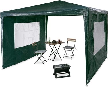 Relaxdays Pavillon 3x3 m, 2 Seitenteile, Metall Gestell, PE Plane, Fenster, Festival Partyzelt, Geschlossen, (Grün)