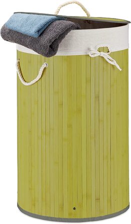 Relaxdays Wäschekorb Bambus, faltbar, 70 l, Wäschesack Baumwolle, rund Ø 41 cm, mit Deckel, grün