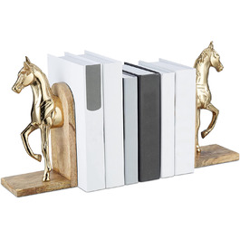 Relaxdays Buchstützen 2er Set, dekorativ, Pferde Figuren, f. Bücherregal, edles Design, HxBxT: 26,5x9x13 cm, Natur/Gold