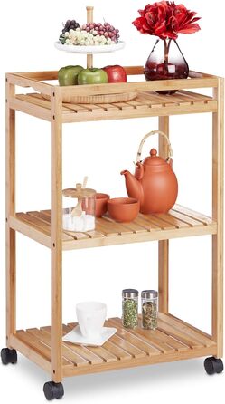 Relaxdays Servierwagen, 3 Etagen, Rollen mit Bremsen, 77x47x32,5 cm, natur, Hellbraun, Schwarz
