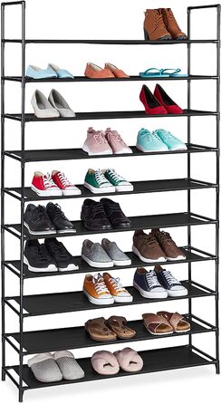 Relaxdays XXL Schuhregal Stecksystem, 10 Ebenen, für 50 Paar Schuhe, Stoff Schuhständer HBT 176,5x99x29,5 cm, (Schwarz)
