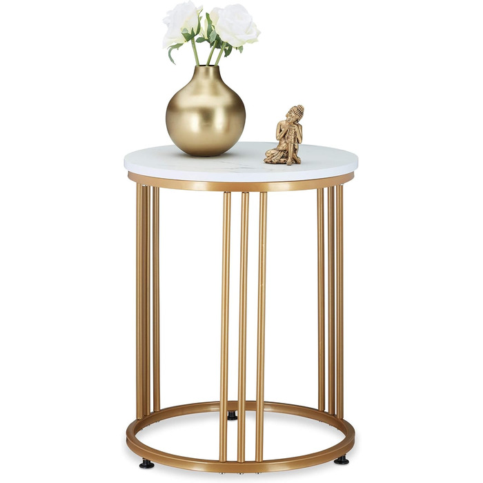 Relaxdays Beistelltisch MARMO, rund, Metall & MDF, Marmoroptik, HxD: 51 x 41 cm, weiß/Gold