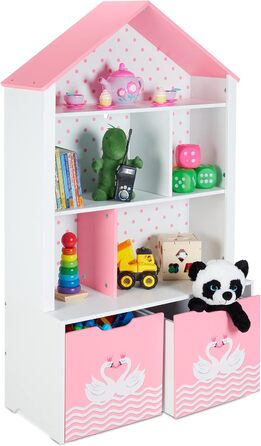 Relaxdays Kinderregal, Schwan, 5 Fächer, 2 Rollboxen, HBT: 128x75x34 cm, Hausform, Spielzeug Aufbewahrung, weiß/rosa