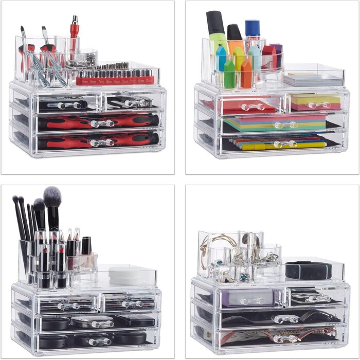 Relaxdays 1 x Make Up Organizer mit 4 Schubladen, Kosmetik Halter Nagellack u. Lippenstift, Acryl Make Up Kit, transparent